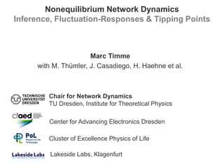 Nonequilibrium Network Dynamics
Inference, Fluctuation-Responses & Tipping Points
Marc Timme
with M. Thümler, J. Casadiego, H. Haehne et al.
Chair for Network Dynamics
TU Dresden, Institute for Theoretical Physics
Center for Advancing Electronics Dresden
Lakeside Labs, Klagenfurt
Cluster of Excellence Physics of Life
 