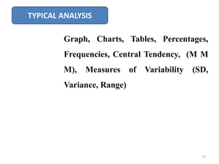 TYPICAL ANALYSIS
Graph, Charts, Tables, Percentages,
Frequencies, Central Tendency, (M M
M), Measures of Variability (SD,
Variance, Range)
15
 