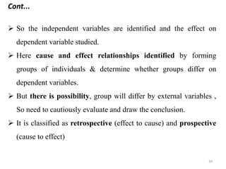Cont...
 So the independent variables are identified and the effect on
dependent variable studied.
 Here cause and effect relationships identified by forming
groups of individuals & determine whether groups differ on
dependent variables.
 But there is possibility, group will differ by external variables ,
So need to cautiously evaluate and draw the conclusion.
 It is classified as retrospective (effect to cause) and prospective
(cause to effect)
34
 