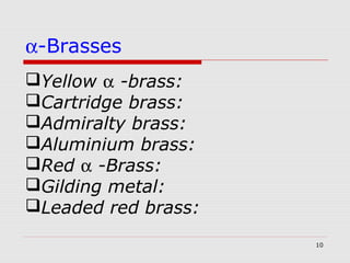 10
Yellow α -brass:
Cartridge brass:
Admiralty brass:
Aluminium brass:
Red α -Brass:
Gilding metal:
Leaded red brass:
α-Brasses
 