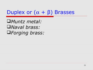 11
Muntz metal:
Naval brass:
Forging brass:
Duplex or (α + β) Brasses
 