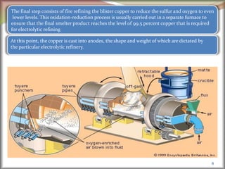 8
The final step consists of fire refining the blister copper to reduce the sulfur and oxygen to even
lower levels. This oxidation-reduction process is usually carried out in a separate furnace to
ensure that the final smelter product reaches the level of 99.5 percent copper that is required
for electrolytic refining
At this point, the copper is cast into anodes, the shape and weight of which are dictated by
the particular electrolytic refinery.
 