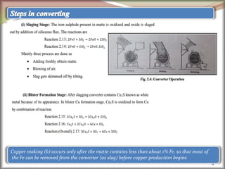 9
Copper making (b) occurs only after the matte contains less than about 1% Fe, so that most of
the Fe can be removed from the converter (as slag) before copper production begins
 
