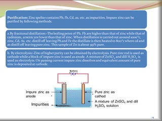 14
Purification: Zincspeltercontains Pb, fb, Cd, as, etc. as impurities. Impure zinccan be
purified by followingmethods.
a.By fractional distillation:-Theboilingpointof Pb, Fb are higherthan thatof zincwhile thatof
cadmium, arsenicare lowerthan thatof zinc. When distillation is carriedout around 1000°c,
zinc, Cd, As, etc. distill off leaving Pband Fe the distillate is then heatedto 800°cwhere cd and
as distill off leavingpure zinc. This sample of Zn isabout 99% pure.
b. By electrolysis:-Zincof higherpurity can be obtained by electrolysis.Pure zincrod is used as
cathode while a block of impure zinc is used as anode. A mixture of ZnSO4 and dill H2SO4 is
used as electrolyte.On passing currentimpure zincdissolvesand equivalentamountof pure
zinc is depositedat cathode.
Impure zinc as
anode
Impurities
Pure zinc as
cathod
A mixture of ZnSO4 and dill
H2SO4 solution
 
