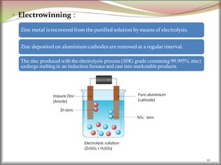  Electrowinning :
10
Zinc metal is recovered from the purified solution by means of electrolysis.
Zinc deposited on aluminiumcathodes are removed at a regular interval.
The zinc produced with the electrolysis process (SHG grade containing 99.995% zinc)
undergo melting in an induction furnace and cast into marketable products.
 