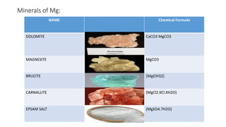 Minerals of Mg:
NAME Chemical Formula
DOLOMITE CaCO3 MgCO3
MAGNESITE MgCO3
BRUCITE [Mg(OH)2]
CARNALLITE (MgCl2.KCl.XH2O)
EPSAM SALT (MgSO4.7H2O)
 