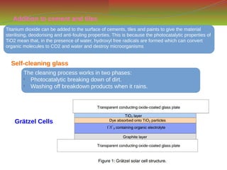 Addition to cement and tiles
Titanium dioxide can be added to the surface of cements, tiles and paints to give the material
sterilising, deodorising and anti-fouling properties. This is because the photocatalytic properties of
TiO2 mean that, in the presence of water, hydroxyl free radicals are formed which can convert
organic molecules to CO2 and water and destroy microorganisms
Self-cleaning glass
The cleaning process works in two phases:

Photocatalytic breaking down of dirt.

Washing off breakdown products when it rains.
Grätzel Cells
 