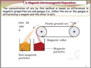 11
The concentration of ore by this method is based on differences in
magnetic properties ore and gangue (i.e., either the ore or the gangue is
attracted by a magnet and the other is not).
 