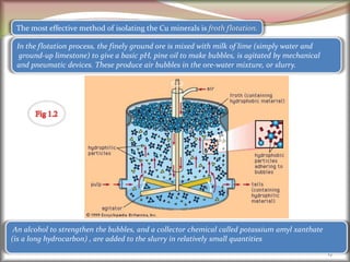 17
The most effective method of isolating the Cu minerals is froth flotation.
An alcohol to strengthen the bubbles, and a collector chemical called potassium amyl xanthate
(is a long hydrocarbon) , are added to the slurry in relatively small quantities
In the flotation process, the finely ground ore is mixed with milk of lime (simply water and
ground-up limestone) to give a basic pH, pine oil to make bubbles, is agitated by mechanical
and pneumatic devices. These produce air bubbles in the ore-water mixture, or slurry.
 