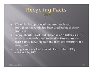 50% of the lead produced and used each year
      throughout the world has been used before in other
      products.
      Today, about 80% of lead is used in acid batteries, all of
      which is recoverable and recyclable. Some countries
      boast a 100% recycling rate and most are capable of the
      same result.
      Using secondary lead instead of ore reduces CO2
      emissions by 99%.



20 December 2012                                               11
 
