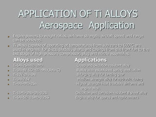 APPLICATION OF Ti ALLOYS
Aerospace Application
Engine powers to weight ratios, airframe strength, aircraft speed and range
can be achieved.
Ti alloys capable of operating at temperatures from sub zero to 600ºC are
used in engines for discs, blades , shafts and casings from the front fan to the
last stage of high pressure compressor, plug and nozzle assemblies.
Alloys used Applications
Ti-6Al-2Sn-4Zr-2Mo Creep and oxidation resistant alloy
Ti-3Al-8V-6Cr-4Zr-4Mo(Beta C) B alloy with established spring application
Ti-10V-2Fe-3Al B forging alloy for landing gear
Ti-3Al-2.5V Medium strength alloy for hydraulic tubing
Ti-4Al-4Mo-2Sn Higher strength heat treatable airframe and
engine alloy.
Ti-15Mo-3Nb-3Ai-0.2Si Oxidation and corrosion resistant B sheet alloy
Ti-6Al-5Zr-0.5Mo-0.25Si Engine alloy for spares and replacements
 