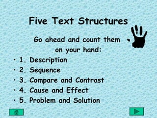 Five Text Structures
          Go ahead and count them
                on your hand:
•   1.   Description
•   2.   Sequence
•   3.   Compare and Contrast
•   4.   Cause and Effect
•   5.   Problem and Solution
 