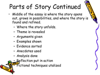 Parts of Story Continued
• Middle of the essay is where the story opens
  out, grows in possibilities, and where the story is
  found and refined.
   – Where the story unfolds.
   – Theme is revealed
   – Arguments given
   – Examples shown
   – Evidence sorted
   – Anecdotes used
   – Analysis done
   – Reflection put in action
   – Fictional techniques utalized
 