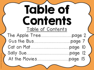 Table of
Contents
Table of Contents
The Apple Tree...............................page 2
Gus the Bus.....................................page 7
Cat on Mat.......................................page 10
Sally Sue...........................................page 12
At the Movies................................page 15
CreatedBy:DeanaKahlenberg
 