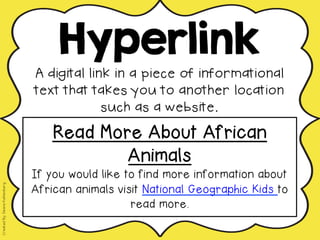 Hyperlink
A digital link in a piece of informational
text that takes you to another location
such as a website. !
Read More About African
Animals
If you would like to find more information about
African animals visit National Geographic Kids to
read more.
CreatedBy:DeanaKahlenberg
 
