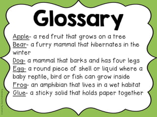 Glossary
Apple- a red fruit that grows on a tree
Bear- a furry mammal that hibernates in the
winter
Dog- a mammal that barks and has four legs
Egg- a round piece of shell or liquid where a
baby reptile, bird or fish can grow inside
Frog- an amphibian that lives in a wet habitat
Glue- a sticky solid that holds paper together
CreatedBy:DeanaKahlenberg
 