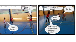 Hartu,
Maialen!
EE, berri bat
daukat! Zer da?
Bartzelonako
torneo batera
gonbidatu
gaituzte!
Esan,
azkar!
Joseba,
kontuz!
Saskibaloiko entrenamenduan...
 