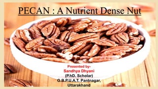 PECAN : A Nutrient Dense Nut
Presented by-
Sandhya Dhyani
(P.hD. Scholar)
G.B.P.U.A.T. Pantnagar,
Uttarakhand
 