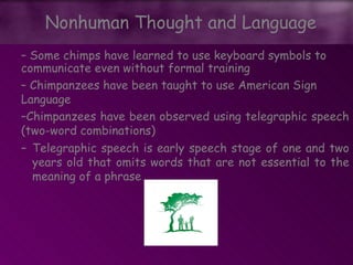 – Telegraphic speech is early speech stage of one and two
years old that omits words that are not essential to the
meaning of a phrase
Nonhuman Thought and Language
– Some chimps have learned to use keyboard symbols to
communicate even without formal training
– Chimpanzees have been taught to use American Sign
Language
–Chimpanzees have been observed using telegraphic speech
(two-word combinations)
 