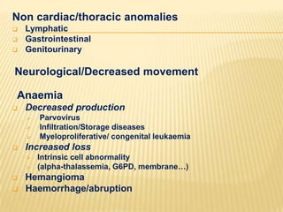 Non cardiac/thoracic anomalies




Lymphatic
Gastrointestinal
Genitourinary

Neurological/Decreased movement
Anaemia


Decreased production







Increased loss







Parvovirus
Infiltration/Storage diseases
Myeloproliferative/ congenital leukaemia
Intrinsic cell abnormality
(alpha-thalassemia, G6PD, membrane…)

Hemangioma
Haemorrhage/abruption

 