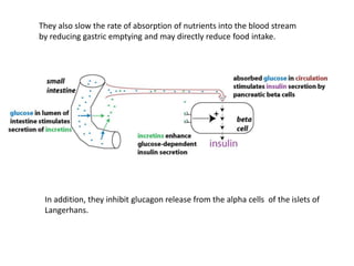 They also slow the rate of absorption of nutrients into the blood stream
by reducing gastric emptying and may directly reduce food intake.
In addition, they inhibit glucagon release from the alpha cells of the islets of
Langerhans.
 