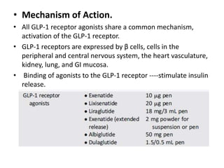 • Mechanism of Action.
• All GLP-1 receptor agonists share a common mechanism,
activation of the GLP-1 receptor.
• GLP-1 receptors are expressed by β cells, cells in the
peripheral and central nervous system, the heart vasculature,
kidney, lung, and GI mucosa.
• Binding of agonists to the GLP-1 receptor ----stimulate insulin
release.
 
