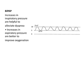 BiPAP
Increases in
inspiratory pressure
are helpful to
alleviate dyspnea
• Increases in
expiratory pressure
are better to
improve oxygenation
 