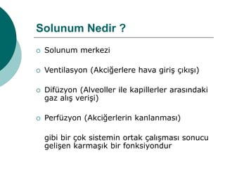 Solunum Nedir ?
 Solunum merkezi
 Ventilasyon (Akciğerlere hava giriş çıkışı)
 Difüzyon (Alveoller ile kapillerler arasındaki
gaz alış verişi)
 Perfüzyon (Akciğerlerin kanlanması)
gibi bir çok sistemin ortak çalışması sonucu
gelişen karmaşık bir fonksiyondur
 
