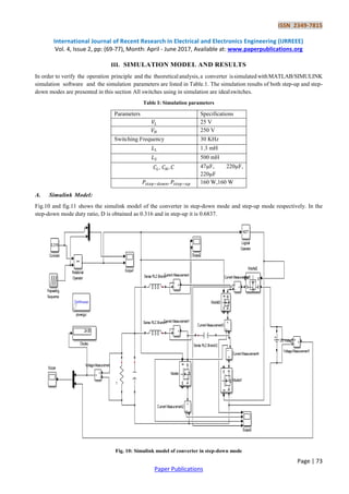 ISSN 2349-7815
International Journal of Recent Research in Electrical and Electronics Engineering (IJRREEE)
Vol. 4, Issue 2, pp: (69-77), Month: April - June 2017, Available at: www.paperpublications.org
Page | 73
Paper Publications
III. SIMULATION MODEL AND RESULTS
In order to verify the operation principle and the theoreticalanalysis,a converter issimulated withMATLAB/SIMULINK
simulation software and the simulation parameters are listed in Table.1. The simulation results of both step-up and step-
down modes are presented in this section All switches using in simulation are idealswitches.
Table I: Simulation parameters
Parameters Specifications
25 V
250 V
Switching Frequency 30 KHz
1.3 mH
500 mH
, 47µF, 220µF,
220µF
160 W,160 W
A. Simulink Model:
Fig.10 and fig.11 shows the simulink model of the converter in step-down mode and step-up mode respectively. In the
step-down mode duty ratio, D is obtained as 0.316 and in step-up it is 0.6837.
Fig. 10: Simulink model of converter in step-down mode
 