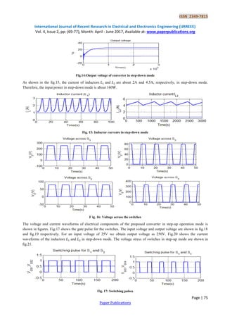 ISSN 2349-7815
International Journal of Recent Research in Electrical and Electronics Engineering (IJRREEE)
Vol. 4, Issue 2, pp: (69-77), Month: April - June 2017, Available at: www.paperpublications.org
Page | 75
Paper Publications
Fig.14:Output voltage of converter in step-down mode
As shown in the ﬁg.15, the current of inductors and are about 2A and 4.5A, respectively, in step-down mode.
Therefore, the input power in step-down mode is about 160W.
Fig. 15: Inductor currents in step-down mode
F ig. 16: Voltage across the switches
The voltage and current waveforms of electrical components of the proposed converter in step-up operation mode is
shown in ﬁgures. Fig.17 shows the gate pulse for the switches. The input voltage and output voltage are shown in ﬁg.18
and ﬁg.19 respectively. For an input voltage of 25V we obtain output voltage as 250V. Fig.20 shows the current
waveforms of the inductors and in step-down mode. The voltage stress of switches in step-up mode are shown in
ﬁg.21.
Fig. 17: Switching pulses
 