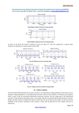 ISSN 2349-7815
International Journal of Recent Research in Electrical and Electronics Engineering (IJRREEE)
Vol. 4, Issue 2, pp: (69-77), Month: April - June 2017, Available at: www.paperpublications.org
Page | 76
Paper Publications
Fig.18:Input voltage of converter in step-up mode
Fig.19:Output voltage of converter in step-up mode
As shown in the ﬁg.20, the current of inductors and are about 2A and 4.5A, respectively, in step-up mode.
Therefore, the input power in step-up mode is about 160W.
Fig. 20: Inductor currents in step-up mode
F ig. 21: Voltage across the switches in step-up mode
IV. CONCLUSIONS
The non-isolated bidirectional DC-DC converter can achieve very high step-up voltage gain(about 10 times) and very low
step-down voltage gain(about 0.1). The bidirectional converter consists of four switches, two inductors and a capacitor
which is same as that of conventional bidirectional buck-boost converter. But the voltage gain of the bidirectional
converter in both step-down and stepup modes is more proper than the conventional bidirectional buck-boost converter.
Besides, the input current is divided to the inductors which cause the size of them become smaller. In order to prove the
feasibility of the converter, simulation of the converter is done with the high and low side voltages 250 and 25,
respectively.
 