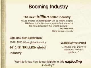 Booming Industry The next  trillion  dollar industry will be created and distribution will be where most of “Wellness is the industry in which the fortunes of the new millennium hat wealth occurs.” - Paul Zane Pilzer   World famous economist WASHINGTON POST “… double-digit growth in health and wellness sectors…” 2002: $200 billon global industry 2007: $600 billon global industry 2010: $1 TRILLION global industry Want to know how to participate in this  exploding  industry? 