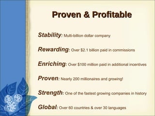 Stability :  Multi-billion dollar company Rewarding :  Over $2.1 billion paid in commissions Enriching :  Over $100 million paid in additional incentives Proven :  Nearly 200 millionaires and growing! Strength :  One of the fastest growing companies in history Global :  Over 60 countries & over 30 languages Proven & Profitable 