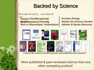 Backed by Science More published & peer-reviewed science than any other competing product!  Scientifically  validated  to: Support  Cardiovascular Health Be  Cholesterol Friendly Bolster the  Immune System Rich in  Bioavaliable  Antioxidants Increase  Energy Athletic & Sports  Recovery A few of the recent scientific journals with published noni research 
