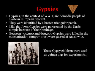 Gypsies Gypsies, in the context of WWII, are nomadic people of Eastern European descent. They were identified by a brown triangular patch. Like the Jews, Gypsies were persecuted by the Nazis simply because of their heritage. Between 500,000 and 600,000 Gypsies were killed in the concentration camps– most were gassed at Auschwitz. These Gypsy children were used as guinea pigs for experiments. 