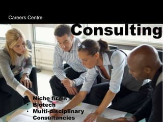Careers Centre
Consulting
• Niche firms
• Biotech
• Multi-disciplinary
Consultancies
 