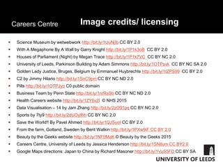 Careers Centre Image credits/ licensing
 Science Museum by wetwebwork http://bit.ly/1UuNjIb CC BY 2.0
 With A Megaphone By A Wall by Garry Knight http://bit.ly/1P1k3oB CC BY 2.0
 Houses of Parliament (Night) by Megan Trace http://bit.ly/1P1k7VC CC BY NC 2.0
 University of Leeds, Parkinson Building by Adam Simmons http://bit.ly/1OTPsvk CC BY NC SA 2.0
 Golden Lady Justice, Bruges, Belgium by Emmanuel Huybrechts http://bit.ly/1lZPS99 CC BY 2.0
 C2 by Jimmy Hilario http://bit.ly/1SnC9pm CC BY NC ND 2.0
 Pills http://bit.ly/1OTPJyo C0 public domain
 Business Team by Penn State http://bit.ly/1nrRsSb CC BY NC ND 2.0
 Health Careers website http://bit.ly/1ZY6v2l © NHS 2015
 Data Visualisation – 14 by Jam Zhang http://bit.ly/2zO91pq CC BY NC 2.0
 Sports by 7ty9 http://bit.ly/2dUOyWh CC BY NC 2.0
 Save the World!! By Pavel Ahmed http://bit.ly/1QJSuot CC BY 2.0
 From the farm, Gotland, Sweden by Berit Watkin http://bit.ly/1PXw9iF CC BY 2.0
 Beauty by the Geeks website http://bit.ly/1NF0MaK © Beauty by the Geeks 2015
 Careers Centre, University of Leeds by Jessica Henderson http://bit.ly/1SNtlum CC BY2.0
 Google Maps directions: Japan to China by Richard Masoner http://bit.ly/1VuS5FD CC BY SA
 