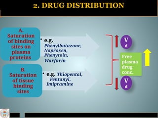 2. DRUG DISTRIBUTION
• e.g.
Phenylbutazone,
Naproxen,
Phenytoin,
Warfarin
A.
Saturation
of binding
sites on
plasma
proteins
• e.g. Thiopental,
Fentanyl,
Imipramine
B.
Saturation
of tissue
binding
sites
Free
plasma
drug
conc.
V
d
V
d
 