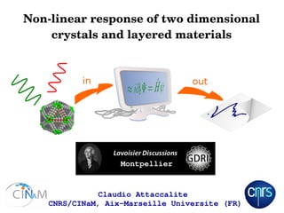 Non­linear response of two dimensional 
crystals and layered materials
Claudio Attaccalite 
CNRS/CINaM, Aix­Marseille Universite (FR) 
Montpellier
 