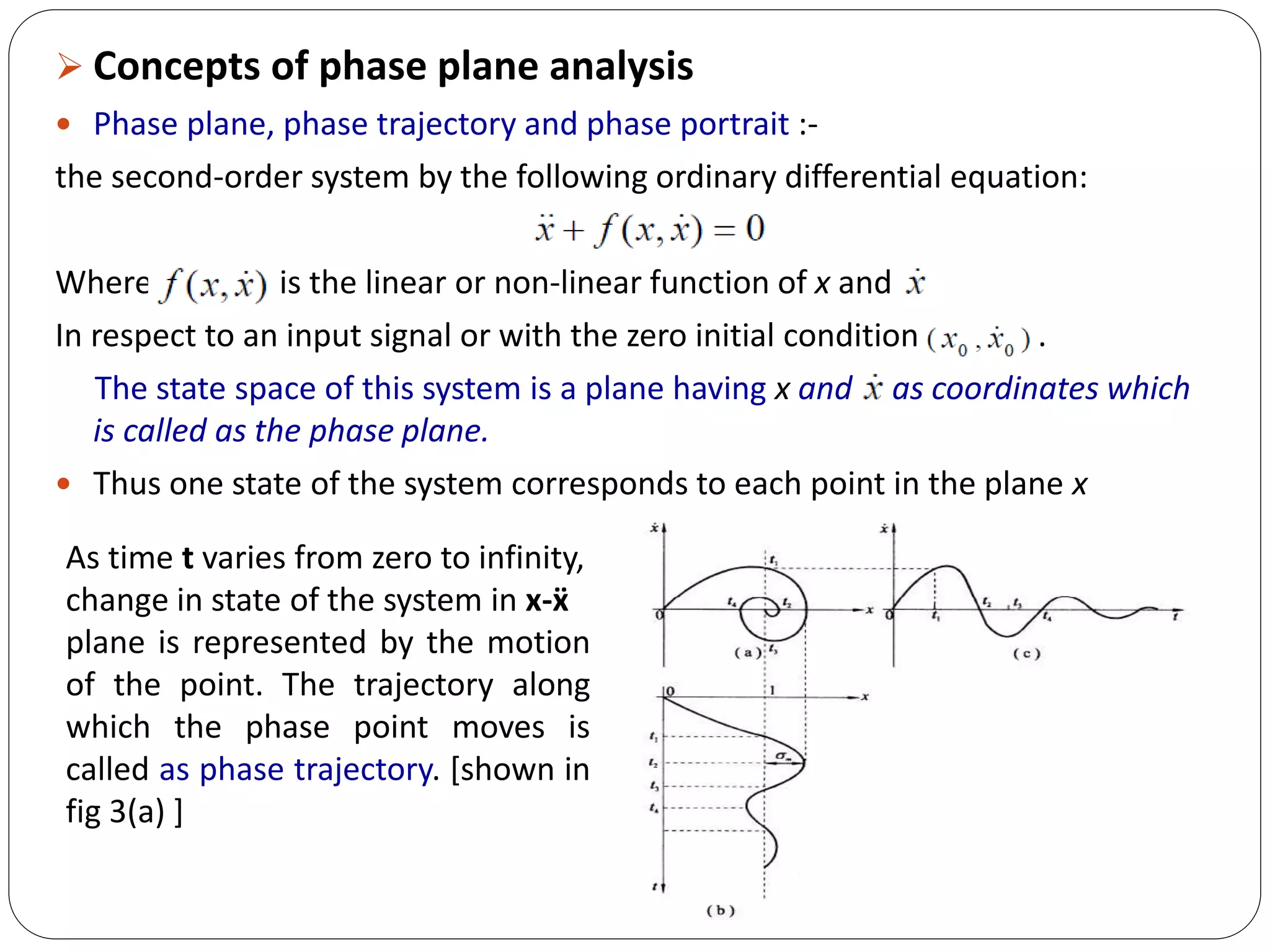  Concepts of phase plane analysis
 Phase plane, phase trajectory and phase portrait :-
the second-order system by the following ordinary differential equation:
Where is the linear or non-linear function of x and
In respect to an input signal or with the zero initial condition .
The state space of this system is a plane having x and as coordinates which
is called as the phase plane.
 Thus one state of the system corresponds to each point in the plane x
As time t varies from zero to infinity,
change in state of the system in x-ẍ
plane is represented by the motion
of the point. The trajectory along
which the phase point moves is
called as phase trajectory. [shown in
fig 3(a) ]
 