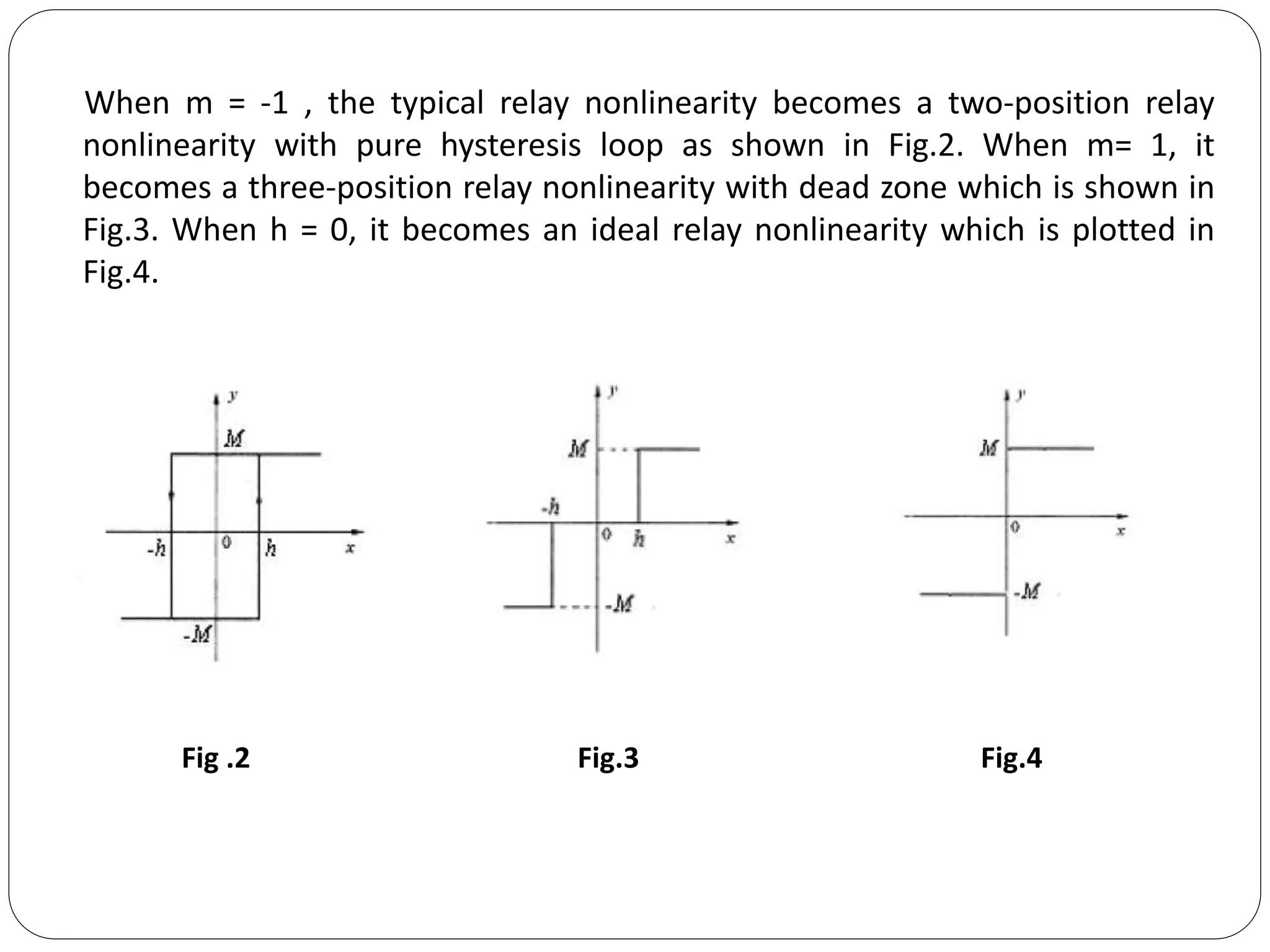 When m = -1 , the typical relay nonlinearity becomes a two-position relay
nonlinearity with pure hysteresis loop as shown in Fig.2. When m= 1, it
becomes a three-position relay nonlinearity with dead zone which is shown in
Fig.3. When h = 0, it becomes an ideal relay nonlinearity which is plotted in
Fig.4.
Fig .2 Fig.3 Fig.4
 