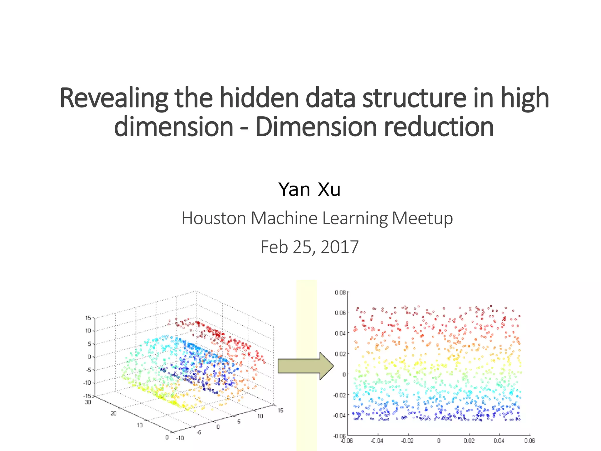 Houston Machine LearningMeetup
Feb 25, 2017
Yan Xu
Revealing the hidden data structure in high
dimension - Dimension reduction
 