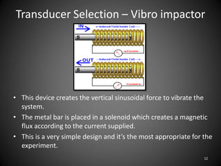 Transducer Selection – Vibro impactor




• This device creates the vertical sinusoidal force to vibrate the
  system.
• The metal bar is placed in a solenoid which creates a magnetic
  flux according to the current supplied.
• This is a very simple design and it’s the most appropriate for the
  experiment.
                                                                 12
 