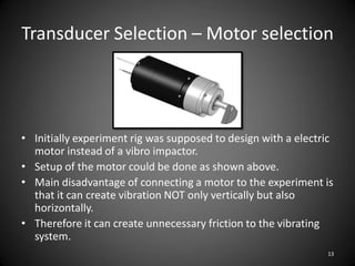 Transducer Selection – Motor selection




• Initially experiment rig was supposed to design with a electric
  motor instead of a vibro impactor.
• Setup of the motor could be done as shown above.
• Main disadvantage of connecting a motor to the experiment is
  that it can create vibration NOT only vertically but also
  horizontally.
• Therefore it can create unnecessary friction to the vibrating
  system.
                                                               13
 