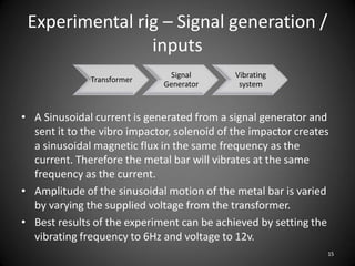 Experimental rig – Signal generation /
                inputs
                               Signal        Vibrating
              Transformer
                              Generator       system



• A Sinusoidal current is generated from a signal generator and
  sent it to the vibro impactor, solenoid of the impactor creates
  a sinusoidal magnetic flux in the same frequency as the
  current. Therefore the metal bar will vibrates at the same
  frequency as the current.
• Amplitude of the sinusoidal motion of the metal bar is varied
  by varying the supplied voltage from the transformer.
• Best results of the experiment can be achieved by setting the
  vibrating frequency to 6Hz and voltage to 12v.
                                                                15
 