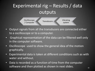 Experimental rig – Results / data
                outputs
              Oscilloscope                  Vibrating
                             Transducers
              / Computer                     system


• Output signals from all the transducers are connected either
  to a oscilloscope or to a computer.
• Graphical representation of the data can be filtered well only
  in the computer software.
• Oscilloscope used to show the general idea of the motion
  graphically.
• Experimental data is taken at different conditions such as with
  water and without.
• Data is recorded as a function of time from the computer
  software and then plotted as shown in next slides.            16
 