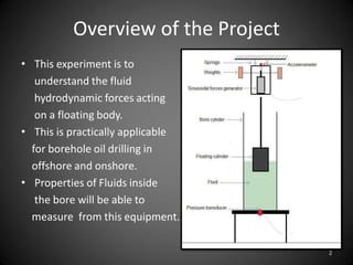 Overview of the Project
• This experiment is to
   understand the fluid
   hydrodynamic forces acting
   on a floating body.
• This is practically applicable
  for borehole oil drilling in
  offshore and onshore.
• Properties of Fluids inside
   the bore will be able to
  measure from this equipment.

                                    2
 