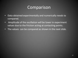 Comparison
• Data obtained experimentally and numerically needs to
  compared.
• Amplitude of the oscillation will be lower in experiment
  values due to the friction acting at contacting points.
• The values can be compared as shown in the next slide.




                                                             27
 