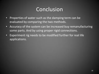 Conclusion
• Properties of water such as the damping term can be
  evaluated by comparing the two methods.
• Accuracy of the system can be increased buy remanufacturing
  some parts. And by using proper rigid connections.
• Experiment rig needs to be modified further for real life
  applications.




                                                            29
 