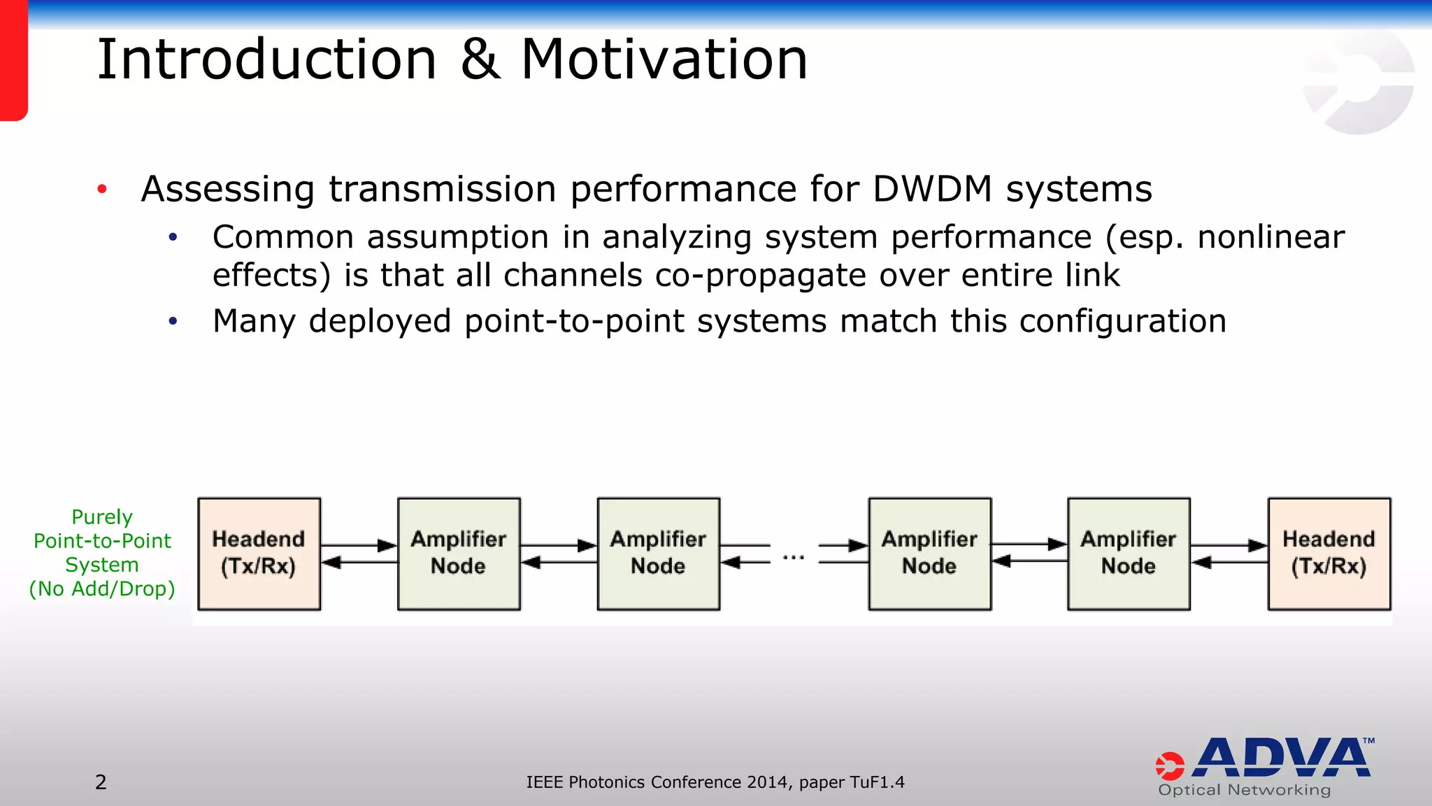 IEEE Photonics Conference 2 2014, paper TuF1.4 
• Assessing transmission performance for DWDM systems 
• Common assumption in analyzing system performance (esp. nonlinear 
effects) is that all channels co-propagate over entire link 
• Many deployed point-to-point systems match this configuration 
Introduction & Motivation 
Purely 
Point-to-Point 
System 
(No Add/Drop) 
 